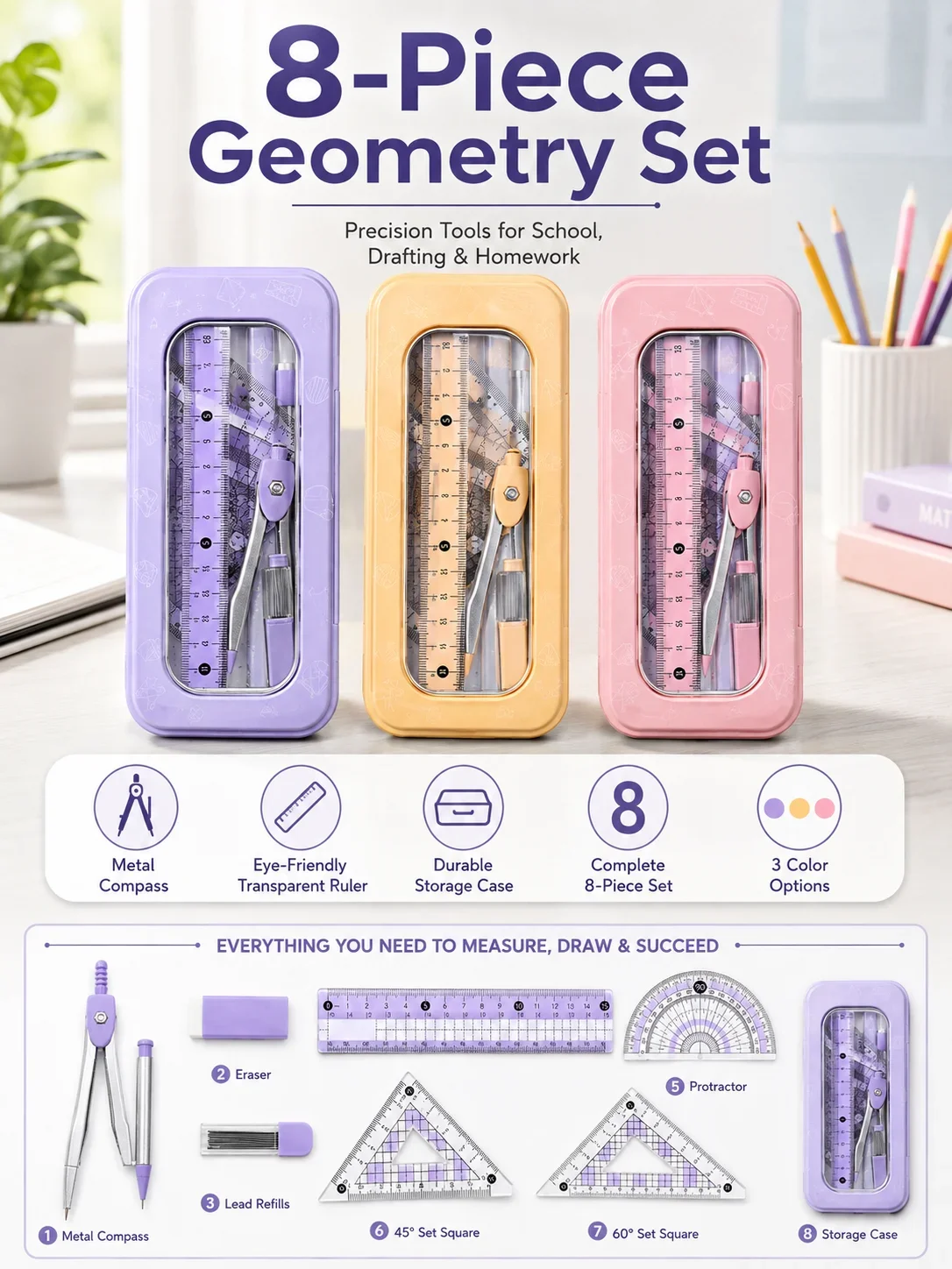 8-Piece Math Geometry Set for  - Compass Geometry Set 评论和价格